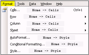 Excel 2003 FORMAT menu translated into Excel 2007
