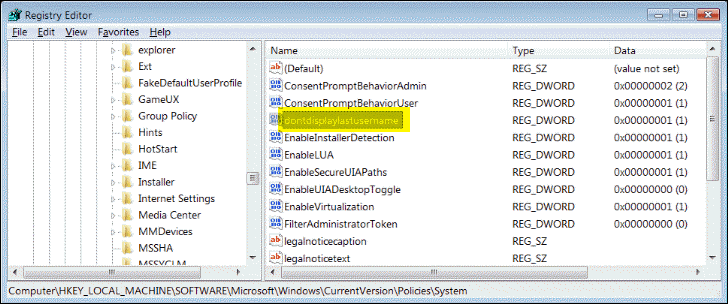 Do not display last user name registry key