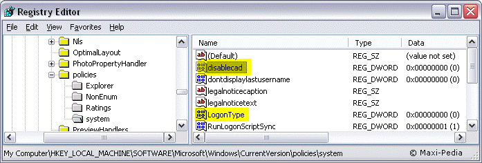 Enable Ctr Alt Delete Windows logon screen setting in registry