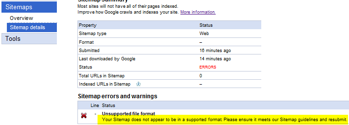 Your Sitemap does not appear to be in a supported format